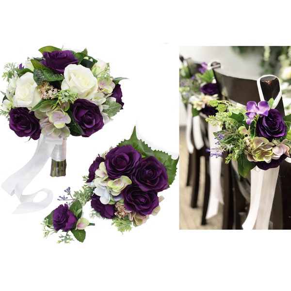 Bouquet Corsage Boutonniere Pew Flowers Shades of Purple Cream White Greenery