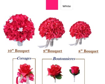 Bauen Sie Ihr Hochzeitspaket-Hot Pink Rosen mit Ihrer Wahl von Ribbon Color Bouquet Corsage boutonniere