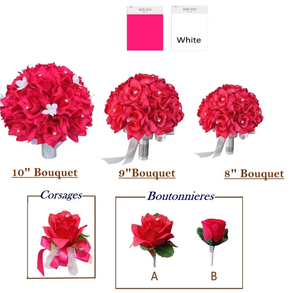 Build Your Wedding Package-Hot Pink roses with your choice of Ribbon Color Bouquet corsage boutonniere