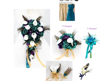 Build your wedding package-Keepsake artificial peacock feather wedding theme. Ribbon color can be selected