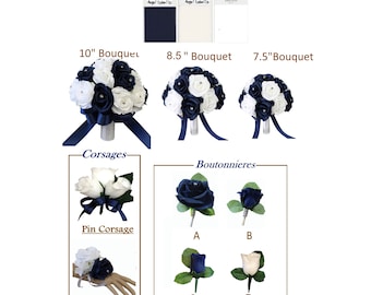 Build your wedding package-Keepsake Artificial flowers Bouquet Corsage Boutonniere Coral Navy and White or Ivory