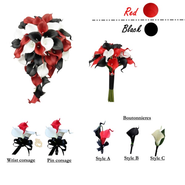 Build Wedding package-Red Black White calla real touch calla lily cascade round bouquet corsage boutonniere