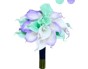 Real touch calla lily bouquet boutonniere corsage-Mint lavender navy blue