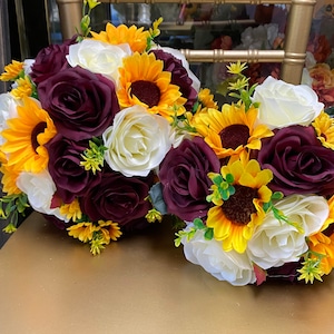 Wedding Bouquets -Wine burgundy and Sunflowers Keepsake Artificial Flowers