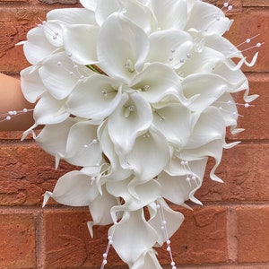 Stunning bridal cascade real touch calla lily pearl sprays jewel center wedding keepsake flower image 2