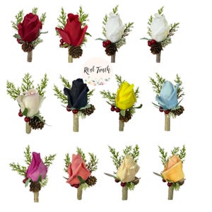 Elegante Real Touch künstliche Rose Boutonnieres-Kieferzapfen, Beere, Greenery-Perfekt für Abschlussball Hochzeit Abschlussfeier Tanz