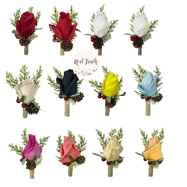 Elegante Real Touch künstliche Rose Boutonnieres-Kieferzapfen, Beere, Greenery-Perfekt für Abschlussball Hochzeit Abschlussfeier Tanz
