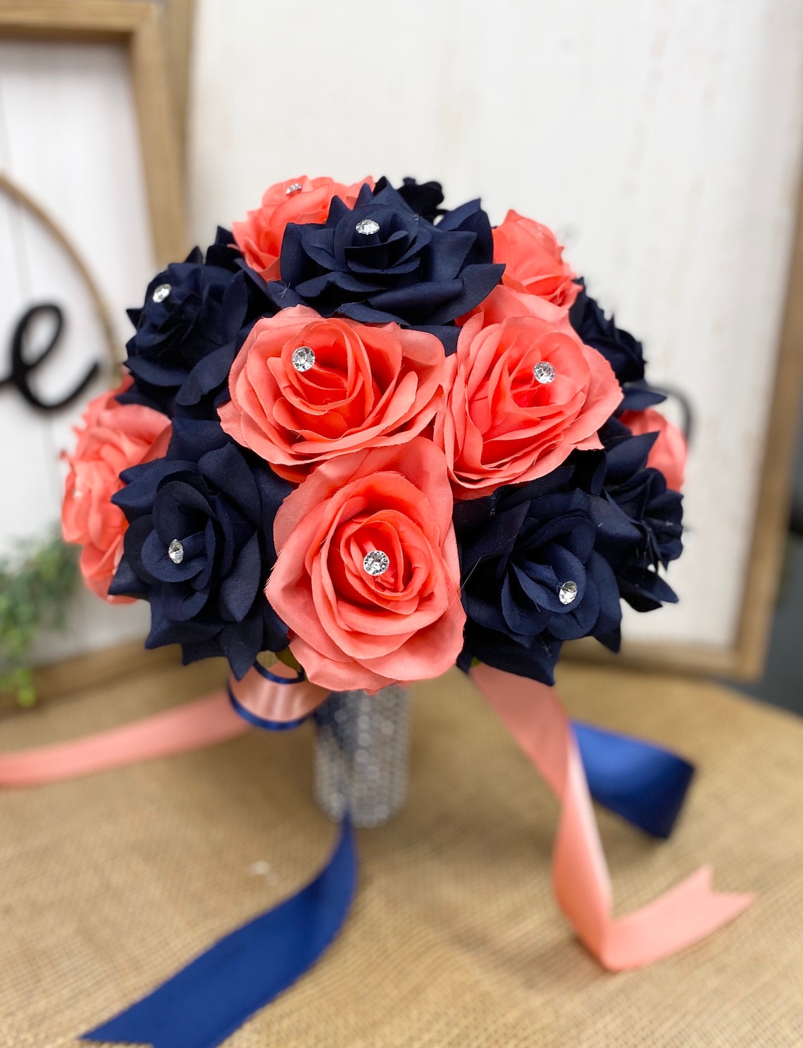 Coral Navy Blue Bouquet-wedding silk flower rose rhinestone image 1