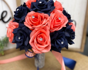 Coral Navy Blue Bouquet-wedding silk flower rose rhinestone bling