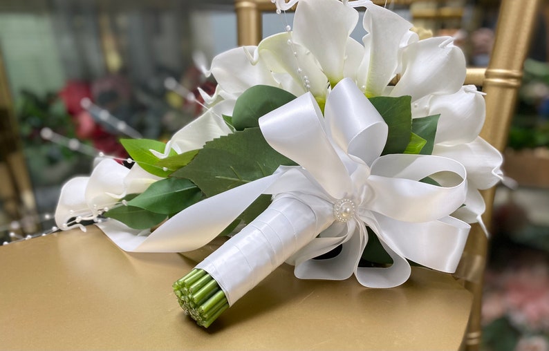 Stunning bridal cascade real touch calla lily pearl sprays jewel center wedding keepsake flower image 5