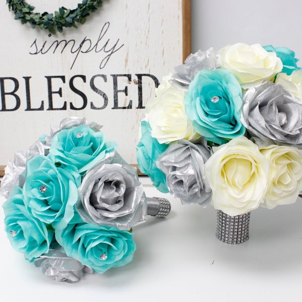 Construisez votre paquet de mariage-Souvenirs Fleurs artificielles Bouquet Corsage Boutonnière aqua vert argent ivoire