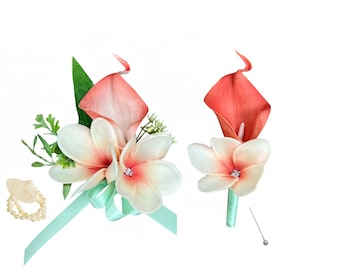 Corsage or boutonniere-real touch Calla lily Plumerias Frangipani artificial beach prom wedding coral peach flower
