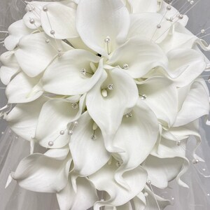 Stunning bridal cascade real touch calla lily pearl sprays jewel center wedding keepsake flower image 4