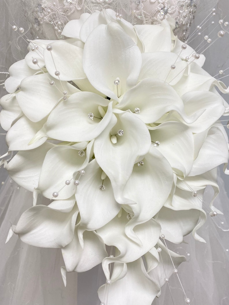 Stunning bridal cascade real touch calla lily pearl sprays jewel center wedding keepsake flower image 4