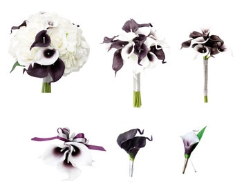 Build your wedding package-Real touch plum ivory calla lily boutonniere bouquet corsage
