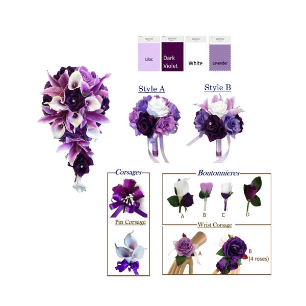 Build your wedding package-shades of purple,lavender,white, cascading bouquet corsage boutonnieres