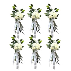 Set of 6 – Large Lush Aisle Markers / Pew Flowers with Long Ribbon – Soft White