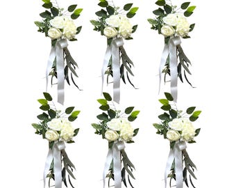 Set of 6 – Large Lush Aisle Markers / Pew Flowers with Long Ribbon – Soft White