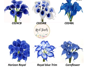May include: Assortment of 10 artificial calla lily bouquets in various shades of blue, including cobalt blue, Picasso royal blue, azure sapphire blue, horizon royal blue, royal blue trim, and cornflower blue. Each bouquet features 6 calla lilies with a white interior and a blue exterior. The bouquets are labeled with their color names and corresponding product codes.