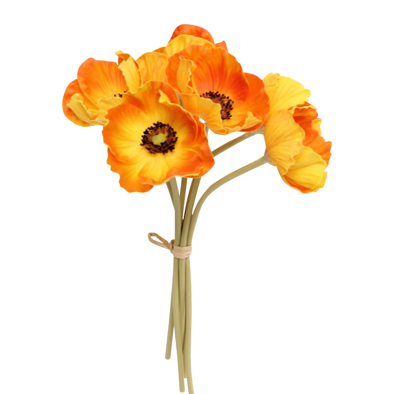 May include: A bouquet of six orange and yellow artificial poppy flowers with green stems tied together with twine.