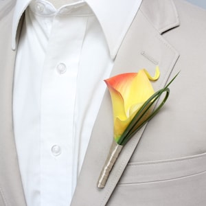 Boutonniere - Livelike Real Touch calla lily sunset red orange yellow fall keepsake wedding prom graduation boutonniere buttonhole