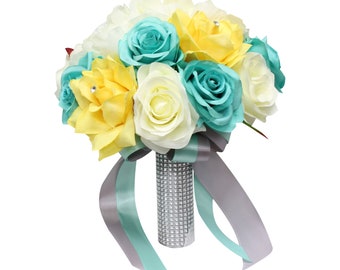 Wedding Flowers - Aqua Spa Blue, Yellow, and Cream Artificial Roses *Build Your Wedding Package*