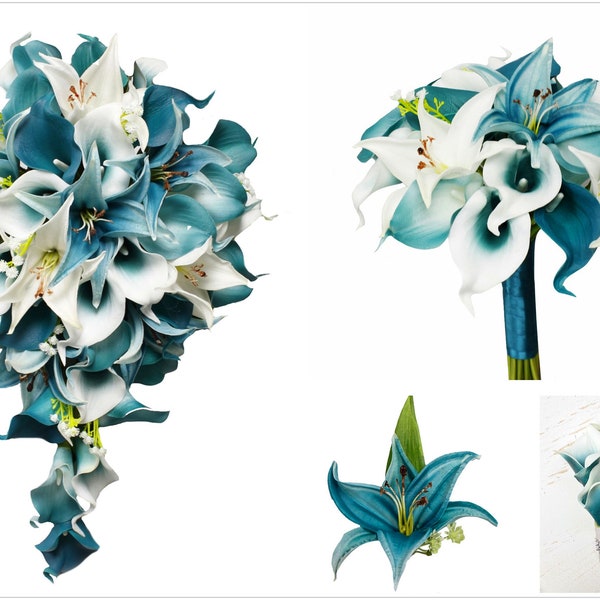 Oasis Teal Kollektion-bauen Sie Ihr Hochzeitspaket-Kaskadenstrauß Braut Corsage boutonniere