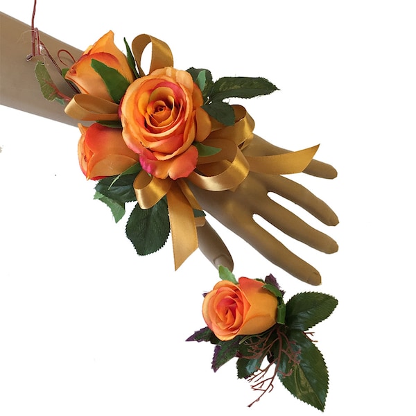 Orange Corsage & Boutonnieres-Pick style and ribbon color perfect fall rustic outdoor indoor rose