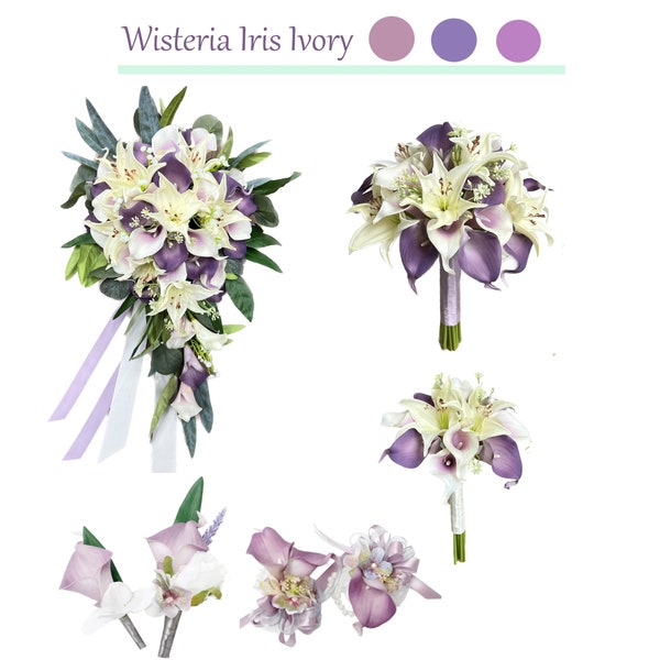 Build your wedding package-Wisteria Iris Green real touch calla lily Bouquet boutonniere corsage boho airy wedding flowers