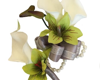 Calla Lily Corsage & Boutonniere Set: Real Touch White Flowers, Green Silk Orchid