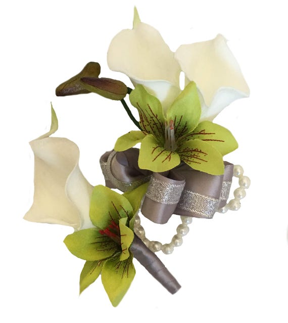 Set of 2 Wrist Corsage and Boutonniere White Real Touch Calla