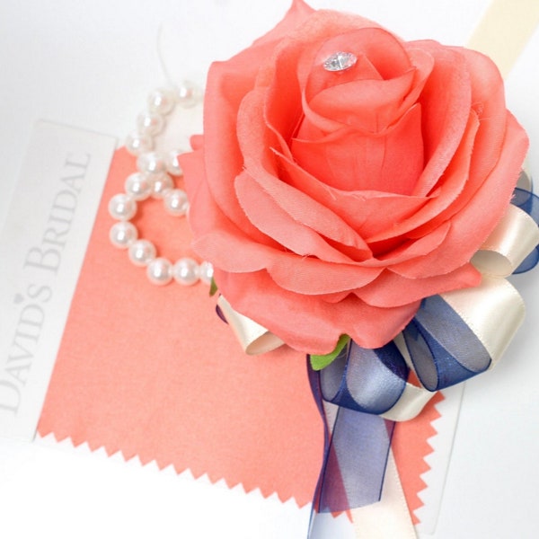 Wrist or Pin Corsage-artificial bright coral ivory navy ribbon wristband included ready to us-prom wedding dance events