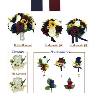 Beautiful Fall Wedding Package - Marine Navy, Wine burgundy, and Sunflowers Keepsake Artificial Flowers -Build Your Package