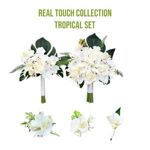 Real Touch Collection - Plumeria & Orchidee Tropical Hochzeit Set-Bouquet Corsage Boutonniere Haarschmuck