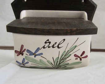 Vintage Wall Mount Salt Canisters MCM French Sel Jar Ceramic Lidded Salt Jars Storage Mid Century Sel Cellar Salt Cellar Hand Painted Floral