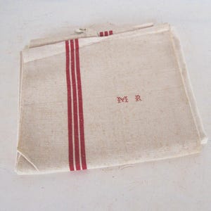 Vintage French Red Stripes Linen French Torchon Tea Towel Kitchen Dish Towel Red Monogram MR & Red Stripes Antique French Dishcloth UNUSED *