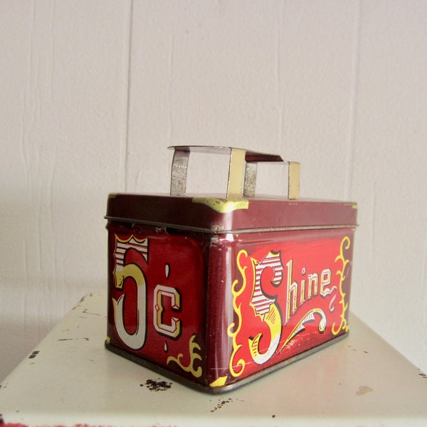 Vintage Shoe Shine Tin Box & Shoes Shine Kit Supplies Awesome Graphics 5 Cent Shoeshine Tin Box Shoe Care Box, Shoes Store Display Small