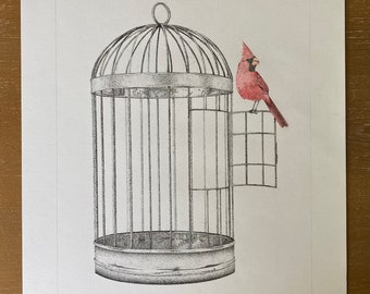 Free/Uncaged, Black and White with Colorful Cardinal Bird, Pen and Ink Pointillism Illustration