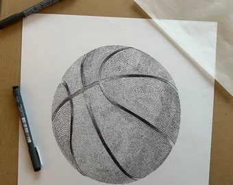 Basketball, Black and White, Pen and Ink Pointillism Illustration (Prints)