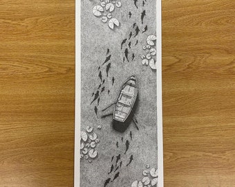 A Day on the Pond, Black and White, Pen and Ink Pointillism Illustration