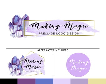 Purple Crystal Watercolor Logo & Watermark Premade Design - Custom Business Branding / Personal Name Text Graphics - Alternates Included