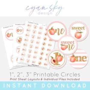 Peach Sweet One 1e verjaardag afdrukbare cirkels voor stickers, kroonkurken, knopen en meer • Inclusief 1 inch, 2 inch en 3 inch maten
