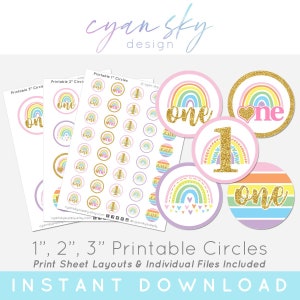 Pastel Rainbow One 1st Birthday Printable Circles For Stickers, Bottle Caps, Buttons and More • Includes 1 Inch, 2 Inch, and 3 Inch Sizes