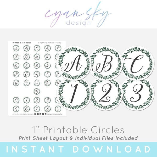 1" Botanical Minimalist Wreath Alphabet Letters + Numbers Monogram Digital Collage • 1 Inch Printable Circles For Bottle Caps, Cabochons