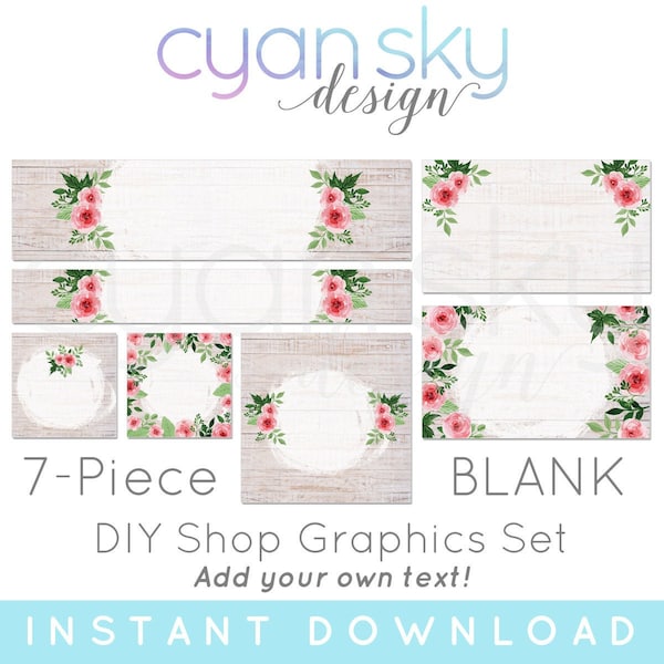 DIY Etsy Shop Graphics Set - Rustic Wood Pink Rose Banners, Icons, Business Card + More - 7 Blank Image Template Files - COUNTRYSIDE CADENCE