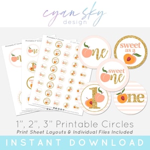 Sweet Peach One 1st Birthday Printable Circles for Stickers Bottle