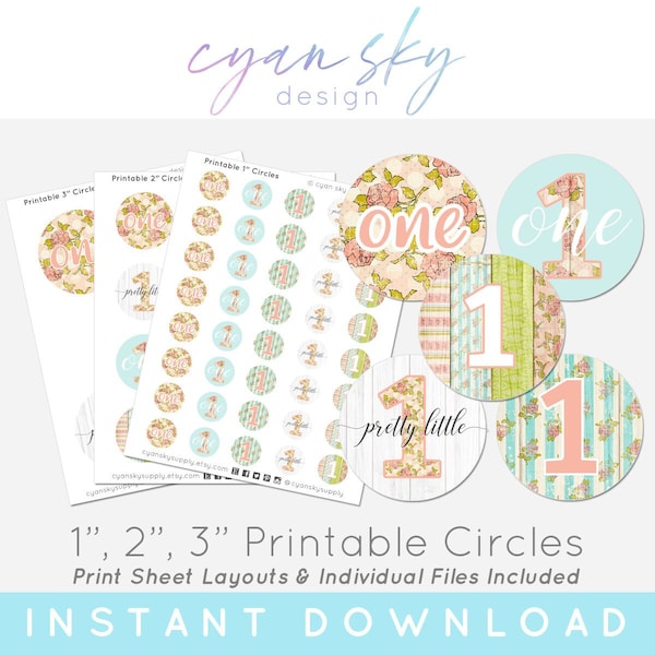 Shabby Chic Rose Baby's 1st Birthday Printable Circles For Stickers, Bottle Caps, Buttons & More • Includes 1 Inch, 2 Inch, and 3 Inch Sizes