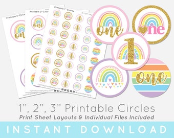 Pastel Rainbow One 1st Birthday Printable Circles For Stickers, Bottle Caps, Buttons and More • Includes 1 Inch, 2 Inch, and 3 Inch Sizes