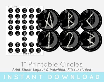 1 Zoll okkulte Runen & Mond Alphabet Buchstaben + Zahlen Monogramm Digital Collage • 2,5 cm druckbare Kreise für Flaschenverschlüsse, Knöpfe, Cabochons