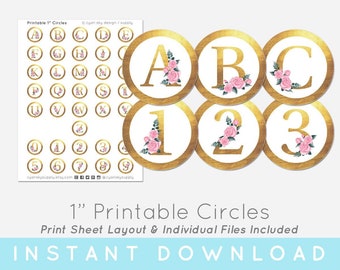 1" Roses Floral & Gold Alphabet Letters + Numbers Monogram Digital Collage • 1 Inch Printable Circles For Bottle Caps, Buttons, Cabochons